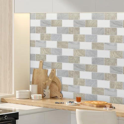 10 Sheets Peel and Stick Backsplash for Kitchen 12"X12" Renter Friendly Backsplash Back Splash Adhesive Subway Wall for Bathroom Cream White & Light Gray Marble Tile Sticker（Not 3D Tile