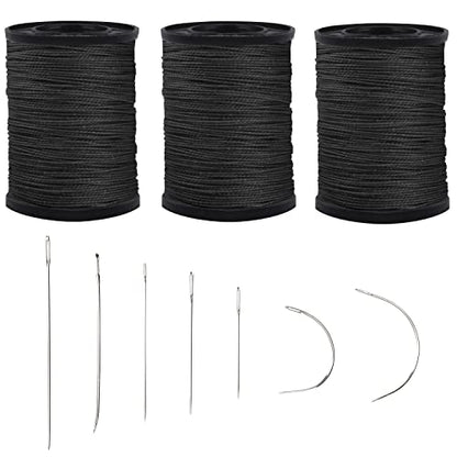 Topus Extra Strong Upholstery Repair Sewing Thread Kit and Heavy Duty Household Hand Needles, Including 7 Styles of Leather Canvas Sewing Needles and 3 Rolls Nylon Thread (70 Yard of Each Roll), Black - color: Black
