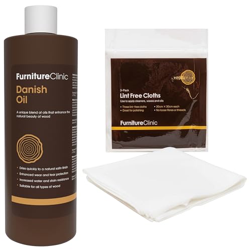 Furniture Danish Oil + 3 Lint Free Cleaning Cloths | 17oz/500ml Wood Oil for Furniture | Restore, Seal & Protect Oak, Pine, Teak & More | Non-Toxic Natural Satin Finish | Repels Water,