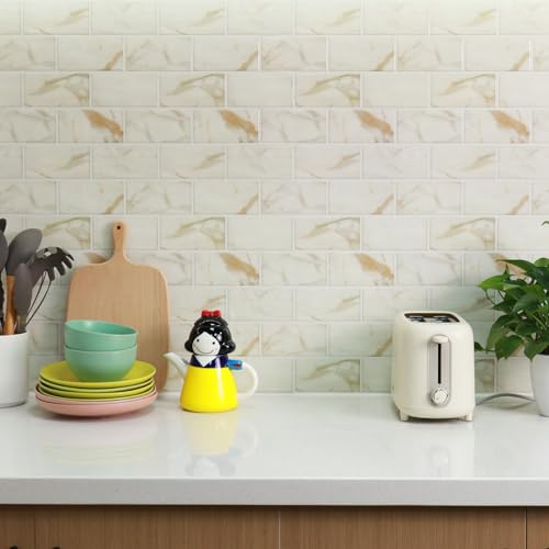 STICKGOO 10-Sheet Subway Tile Peel and Stick Backsplash, Self Adhesive Vinyl Wall Tiles, Stick on Backsplash for Kitchen and Bathroom(Thicker Design) - color: Calacatta Marble