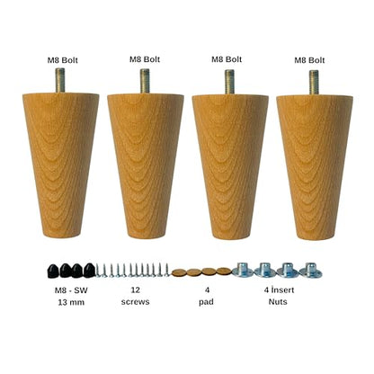 6 Inch Round Solid Beech Wood Replacement Furniture Legs, Set of 4, Wooden Feet Mid Century Modern, Unfinished Legs for Sofa, Couch, Armchair, Ottoman, Cabinet, TV Stand, Dresser - size: 6" / 15cm