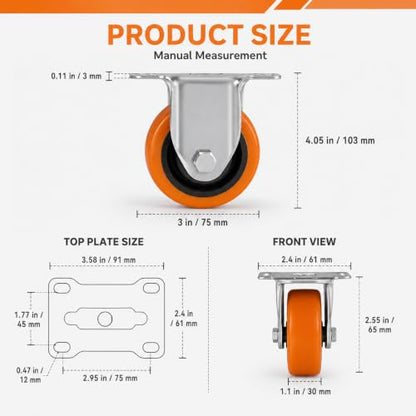 3 Inch Heavy Duty Casters Set of 4, 2 Rigid + 2 Locking, Orange PU