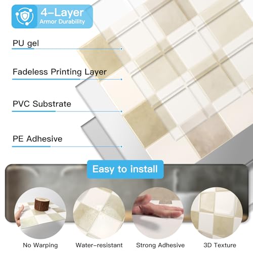 Art3d Grid Peel and Stick Backsplash, 10-Pack, 12 x 12 in, Beige and White - color: Beige and White