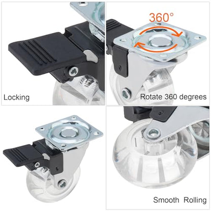 2 Inch Caster Wheels Set of 8, Crystal Swivel Casters with Brake