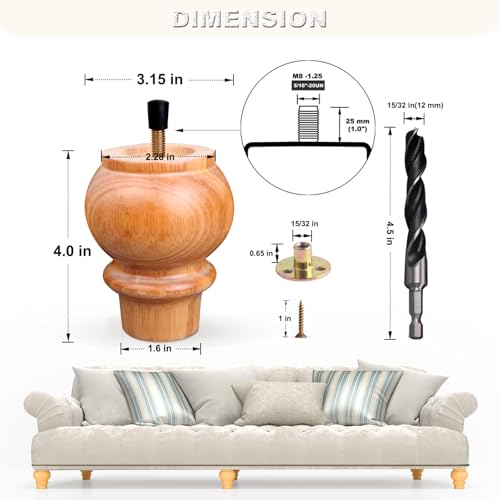 DWYL & LWYD 4 Inches Wood Legs for Furniture Set of 4,Heavy Duty Rubberwood Replacement Couch Legs Sofa Legs Cabinet Legs Dresser Legs Wooden Furniture Feet (Varnish Finish,4 Inches Height) - color: Varnished, size: 4 Inch