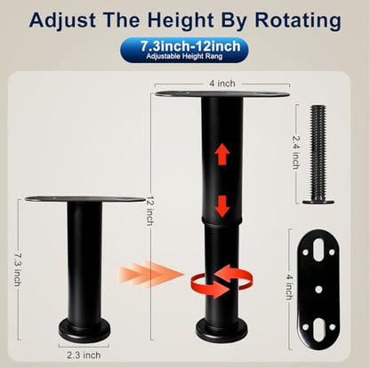 Adjustable Height Bed Support Legs,4PCS,7.3-12in, Heavy Duty Metal Center Bed Frame Support with Rubber Non-Slip Base, Furniture Feet Replacement for Sofa, Table, Cabinet, Dresser (7.3IN-12IN)