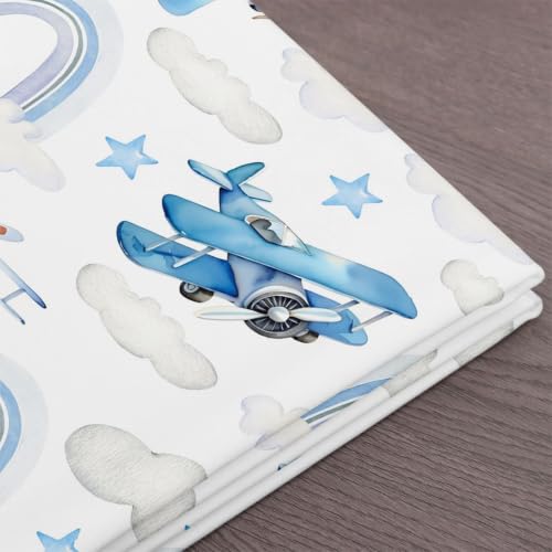 Blue Aircrafts Fabric,Cartoon Airplane DIY Craft,Dreamy Rainbow Stars Cloud Soft Polyester No Stretch for Quilting Sewing Supplies,3 Yards,108" L x 59" W - color: Blue and White, size: 3 Yards
