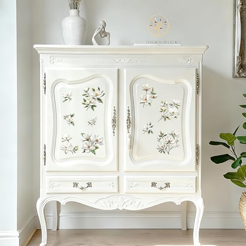 Magnolia Rub on Transfers Stickers, 3PCS Magnolia Flower Branch Furniture Transfers Stickers Decals for Bedroom Bedside Table Bookcase Wardrobe Desk Drawer Dresser - color: White Magnolia