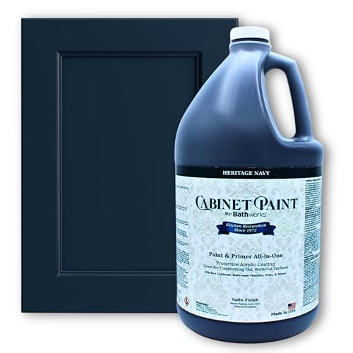 Bathworks Kitchen Cabinet Paint - Satin, Pro-Grade Formula by Refinishing Pros Since 1972, Low-VOC, Scrub Resistant, for Wood, Laminate & MDF Cabinets, Vanities, Furniture (Heritage Navy, 1 Gallon) - color: Heritage Navy, size: 128 Fl Oz (Pack of 1)