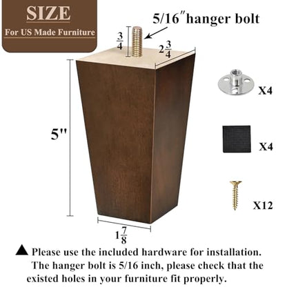 5 inch Sofa Legs Wood Furniture Legs Pack of 4 Pyramid Couch Legs Mid-Century Modern Brown Replacement Legs - size: 5 inch (4pcs) Standard (With hanger bolt)