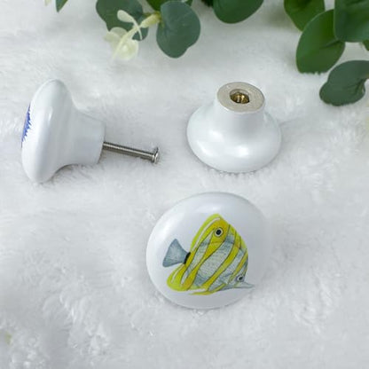 Set of 6 Ceramic Kids Nursery Cute Fish Cabinet Door Coastal Beachy Dresser Drawer Knobs and Pulls Handles 1.5 X 1.5 Inches - size: fish