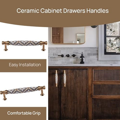 2 Pcs Ceramic Cabinet Drawers Handles Vintage Dresser Handles Unique Kitchen Cabinet Hardware 5 inch Holes Centers Closet Knobs Zinc Alloy Drawer Pulls for Bedroom Bathroom