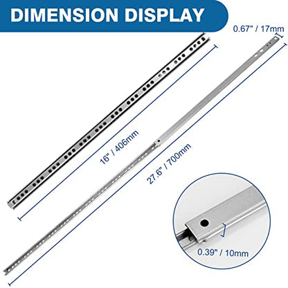 16 Inch Ball Bearing Drawer Slides - 2 Fold Metal Drawer Tracks - 2pcs - size: 16 Inch