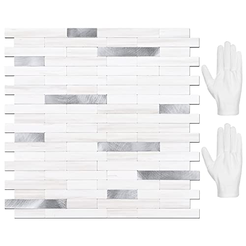 STICKGOO Peel and Stick Backsplash Tile, Stick on Backsplash for Kitchen and Bathroom, Dolomite White Marble Look PVC Mixed Metal Silver Self Adhesive Wall Tiles(10 Sheets) - color: Dolomite White Marble Mixed Metal Silver