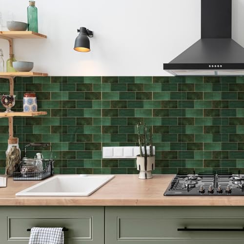 10-Pack Peel and Stick Backsplash Tiles, 7.87"x7.87" Self-Adhesive Wall Tiles, Green Marble Vinyl Waterproof Wall Covering, Kitchen Backsplash Sticker for Renters, Apartment, Hotel, Bathroom, RV - color: Dark Green