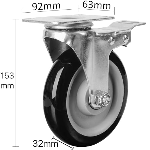 Finnhomy 5 Inch Heavy Duty Plate Swivel Casters Set of 4 With Brake - PU Wheels for Furniture/Workbench, Industrial Locking, Load 3000 Lbs, Anti-wear Smooth Black (Free Screws) - style: 5" (with Brake)