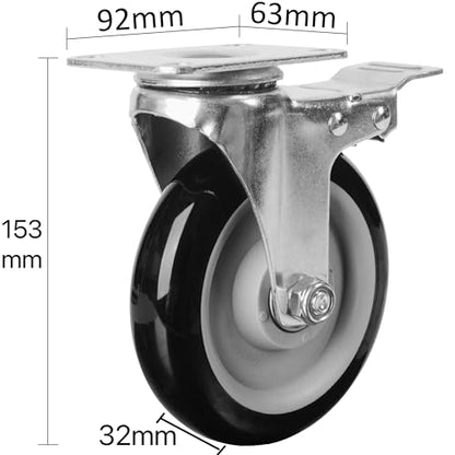 Finnhomy 5 Inch Heavy Duty Plate Swivel Casters Set of 4 With Brake - PU Wheels for Furniture/Workbench, Industrial Locking, Load 3000 Lbs, Anti-wear Smooth Black (Free Screws) - style: 5" (with Brake)