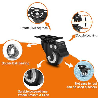 2 Inch Caster Wheel Set of 4,with Dual Brake,Swivel,Full Rotation - color: black, size: 2 inches