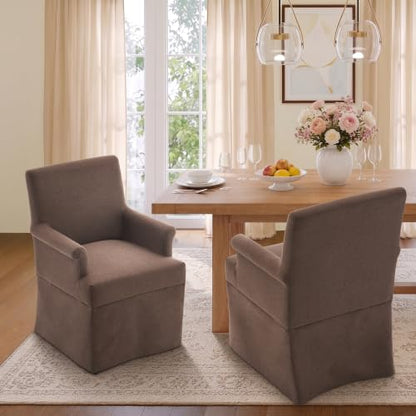 Arm Dining Chair Fabric Long Skirt Slipcovered High Back Upholstered Dinner - color: Brown, size: 4 PCS