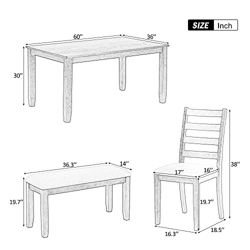 Dining Table Set with 4 Chairs and Bench, 6-Piece, Brown/Whitewash - color: Brown+whitewash