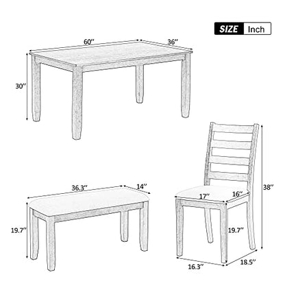 Dining Table Set with 4 Chairs and Bench, 6-Piece, Brown/Whitewash - color: Brown+whitewash