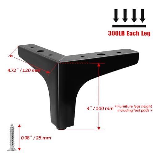 4 Pack 4 Inch Furniture Legs, Black Metal Polished Triangle Feet - color: Matte Black, size: 4 inches, 4 Pcs