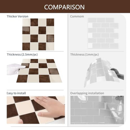 10 Sheets Upgraded Thicker Design Tile Peel and Stick Backsplash - color: Brown
