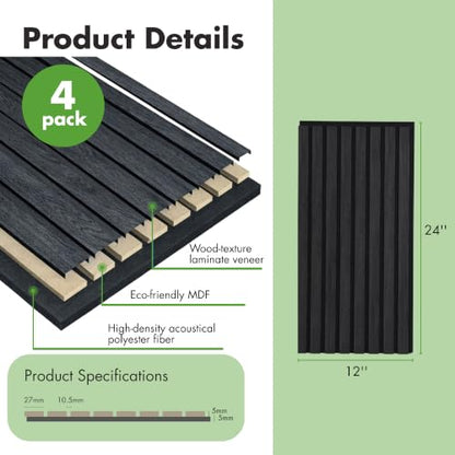 Art3d 12" x 24" Acoustic Wood Slat Wall Panel, 4pcs, 8 sq.ft, Grey Oak - color: Grey Oak, size: 12" x 24"