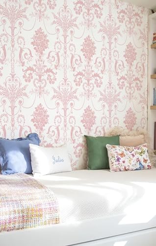 Damask Floral Peel and Stick Wallpaper Boho Pink and White Contact Paper - color: Pink, size: 17.3" x 197"