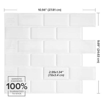 Smart Tiles Peel and Stick backsplash, Subway Pure White, 10.95"x9.7" - color: Pure White