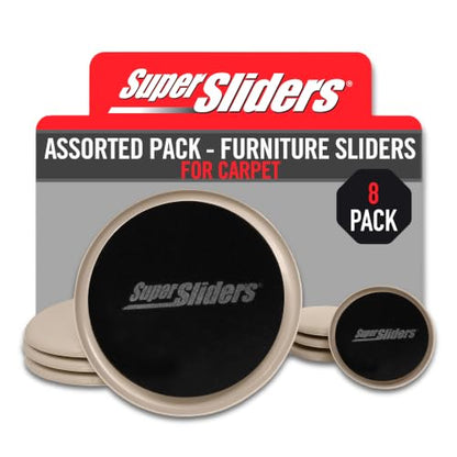 Super Sliders 8-Piece 7" and 3-1/2" Round Reusable Furniture Sliders for Carpet, Anti-Slip Protective Furniture Moving Pads for Beds, Sofas, Dressers, Beige