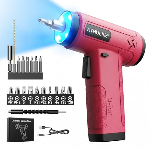 MYMULIKE Pink Cordless Screwdriver Set, 4V Rechargeable 23-Piece Bit Set - color: Brown