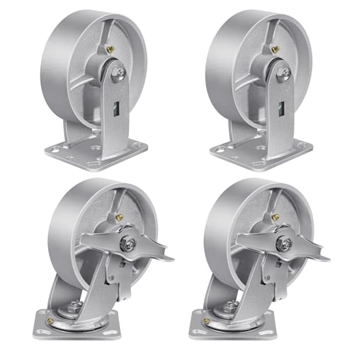 6Inch Industrial Casters, Heavy Duty Casters 4800 LBS Capacity with Roller Bearing, Set of 4 Steel Caster Wheels, Metal Casters(2 Brake & 2 Rigid) - style: 6"X 2"Wheel