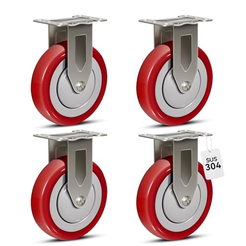5" Caster Wheels, Stainless Steel Casters Set of 4 Heavy Duty, Anti-Corrosion Polyurethane Industrial Caster Wheels for Cart (4 Rigid) - style: 4 Rigid