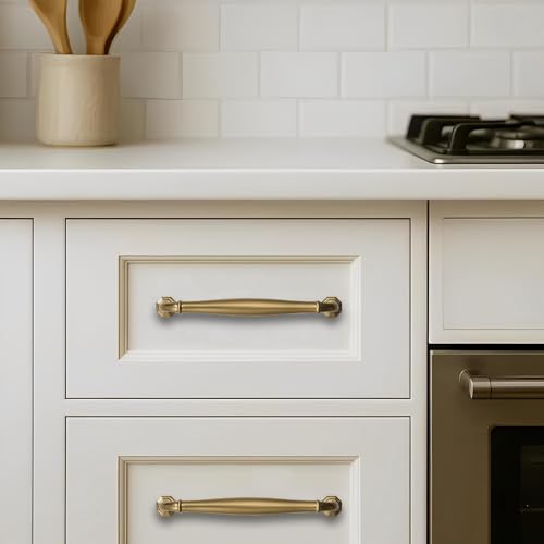 10 Pack 3 Inch Hole Center Brushed Brass Heavy Duty Solid Cabinet pulls Ideal for Dressers, Bathroom, cabinets, and Kitchens cabinets. - color: Brushed Brass, size: 3 Inch Hole Center, style: 10 Pack