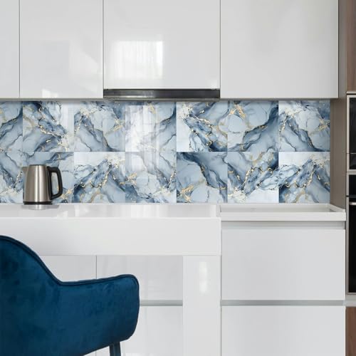 10 Sheets Marble Peel and Stick Backsplash Tile, 12"x12" Waterproof PVC Self Adhesive Tile Shower Wall Panels for Bathroom, Kitchen, Living Room (Metallic Blue) - color: Metallic Blue