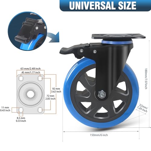6 Inch Caster Wheels 2800Lbs, Casters Set of 4 Heavy Duty with Brake, Outstanding Safety Dual Locking Casters, Polyurethane Foam No Noise Wheels, Top Plate Castor Wheels(2 Hardware Kits Included) - size: 6 inch