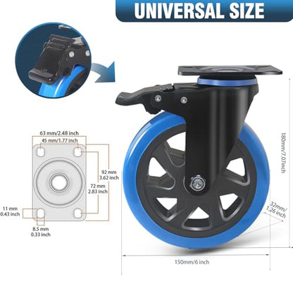 6 Inch Caster Wheels 2800Lbs, Casters Set of 4 Heavy Duty with Brake, Outstanding Safety Dual Locking Casters, Polyurethane Foam No Noise Wheels, Top Plate Castor Wheels(2 Hardware Kits Included) - size: 6 inch