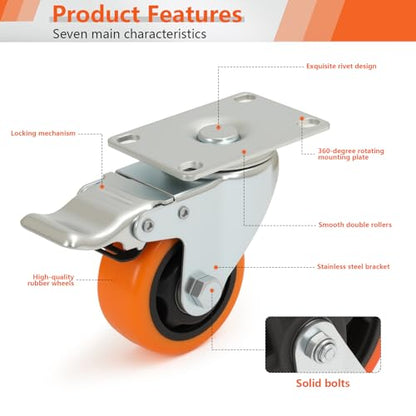 3 Inch Heavy Duty Casters Set of 4, 2 Rigid + 2 Locking, Orange PU