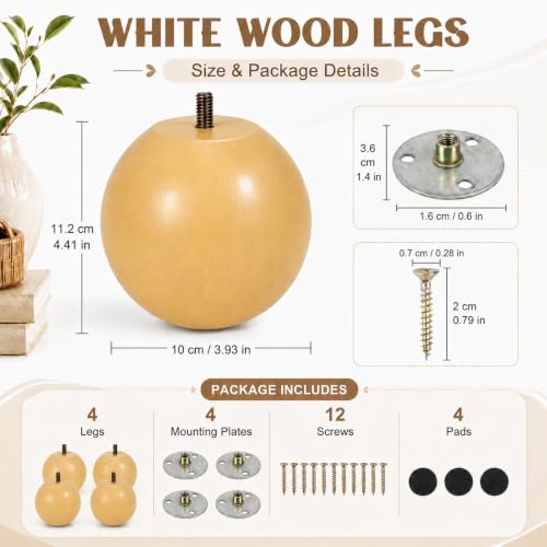 4 Inch Wooden Sofa Legs Set of 4 Walnut Wood Round Sofa Legs with Mounting Plate Screws Solid Wood Furniture Feet for Couch Bed Cabinet Bookcase Ottoman (Yellow) - color: Yellow