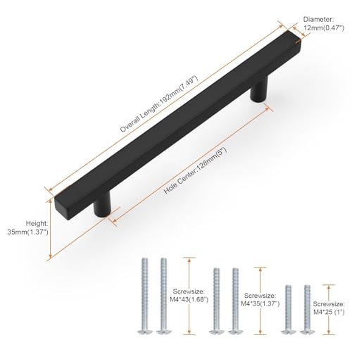 Probrico Matte Black Cabinet Handles & Pulls 5" CC Square 5 Pack - color: Black, size: Hole Center: 128mm(5inch)