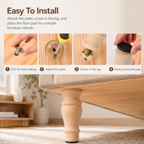 5.9 Inch Wooden Furniture Bun Feet Set of 4, Unfinished Rubber Wood Replacement Furniture Legs, M8 Thread, with Mounting Plates Screws Floor Pads for Couch Chair Ottoman Cabinet