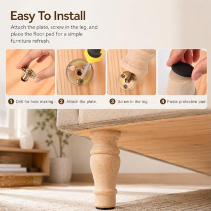 5.9 Inch Wooden Furniture Bun Feet Set of 4, Unfinished Rubber Wood Replacement Furniture Legs, M8 Thread, with Mounting Plates Screws Floor Pads for Couch Chair Ottoman Cabinet