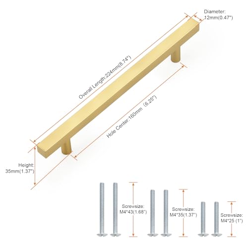 Probrico Brushed Brass Cabinet Pulls & Handles 6.3" CC Square 5 Pack - color: Brushed Brass, size: Hole Center: 160mm(6.3inch)