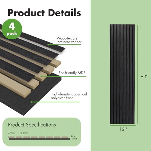Art3d 12" x 93" Acoustic Wood Slat Wall Panel, 4pcs, 31 sq.ft, Grey Oak - color: Grey Oak, size: 12" x 93"