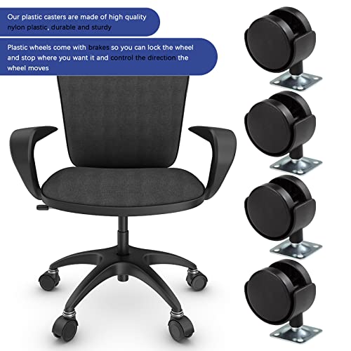 4 Pack 2 Inch Plastic Furniture Casters, Nylon Swivel Plate Casters with Brakes for Furniture, Table, Cabinet, Shelf