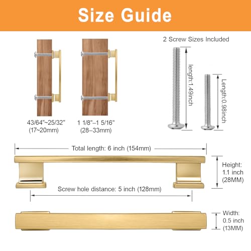 VEHCIL 20 Pack Square Brushed Gold Cabinet Pulls, 5 Inch(128mm) Hole Centers Gold Cabinet Handles Hardware for Kitchen Cupboard Closet Bathroom Dresser Drawer, Solid Zinc Alloy - color: Brushed Gold, size: 5 Inch Hole Centers Pull