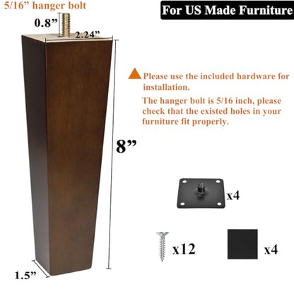 Wood Furniture Legs 8 inch Sofa Legs Set of 4 Square Replacement Legs Brown for MCM Ottoman Armchair Recliner Coffee Table Dresser - size: 8 inch (4pcs) Standard (With hanger bolt)