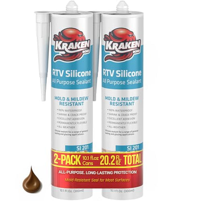 Kraken Bond RTV Silicone Sealant Brown (2 x 10.1 fl.oz.)%100 Waterproof Silicone Caulk Kitchen and Bathroom, All Purpose, Window Caulking Sealant Outdoor, RV, 2 Pack - color: Brown, size: 2 Pack