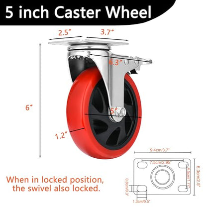 5 Inch Casters Set of 4 Heavy Duty, Lockable Bearing Plate Caster Wheels with Brakes, Swivel Casters No Noise 360-degree with Polyurethane Wheels for Cart, Furniture,Workbench,Cabinet